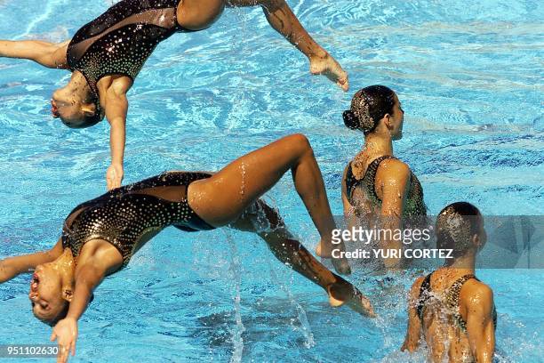 Members of the Mexican synchronized swim team complete their routine in San Salvador, El Salvador 04 December 2002 Miembros del equipo mexicano de...