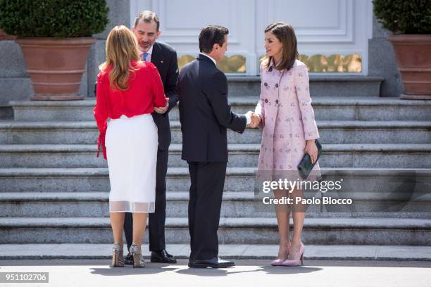 King Felipe VI of Spain and Queen Letizia of Spain receive President of Mexico Enrique Pena Nieto and his wife Angelica Rivera at the Zarzuela Palace...