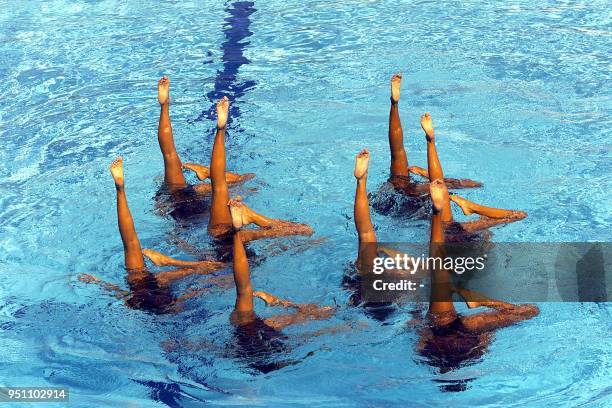 Venezulan synchronized swimmers are seen in action in San Salvador, El Salvador 04 December 2002. Miembros del equipo de venezolano de nado...