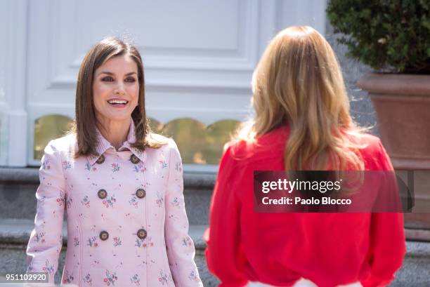 Queen Letizia of Spain receives President of Mexico Enrique Pena Nieto wife's Angelica Rivera at the Zarzuela Palace on April 25, 2018 in Madrid,...