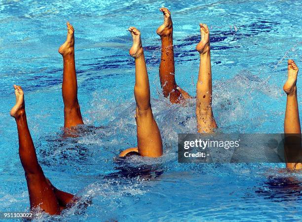 Dominican synchronized swimmers are seen in action in San Salvador, El Salvador 04 December 2002. Miembros del equipo de República Dominicana de nado...