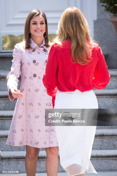 Queen Letizia of Spain receives President of Mexico Enrique Pena Nieto wife's Angelica Rivera at the Zarzuela Palace on April 25, 2018 in Madrid,...