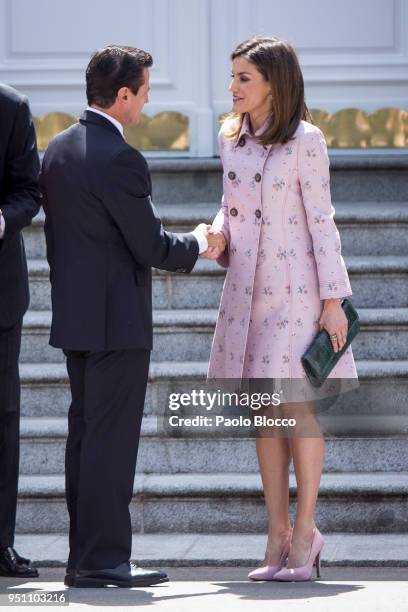 Queen Letizia of Spain receives President of Mexico Enrique Pena Nieto at the Zarzuela Palace on April 25, 2018 in Madrid, Spain.