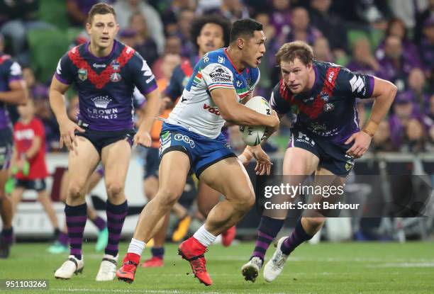 Roger Tuivasa-Sheck of the Warriors runs with the ball during the round eight NRL match between the Melbourne Storm and New Zealand Warriors at AAMI...