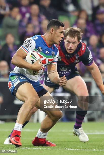 Roger Tuivasa-Sheck of the Warriors runs with the ball during the round eight NRL match between the Melbourne Storm and New Zealand Warriors at AAMI...