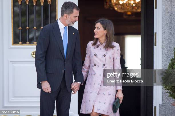 King Felipe VI of Spain and Queen Letizia of Spain receive President of Mexico Enrique Pena Nieto and his wife Angelica Rivera at the Zarzuela Palace...