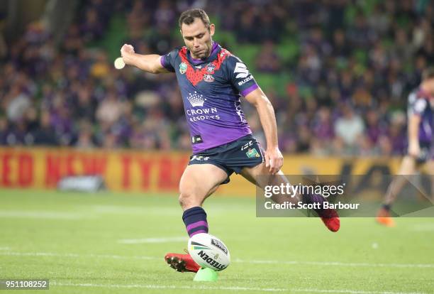 Cameron Smith of the Melbourne Storm kicks a conversion during the round eight NRL match between the Melbourne Storm and New Zealand Warriors at AAMI...