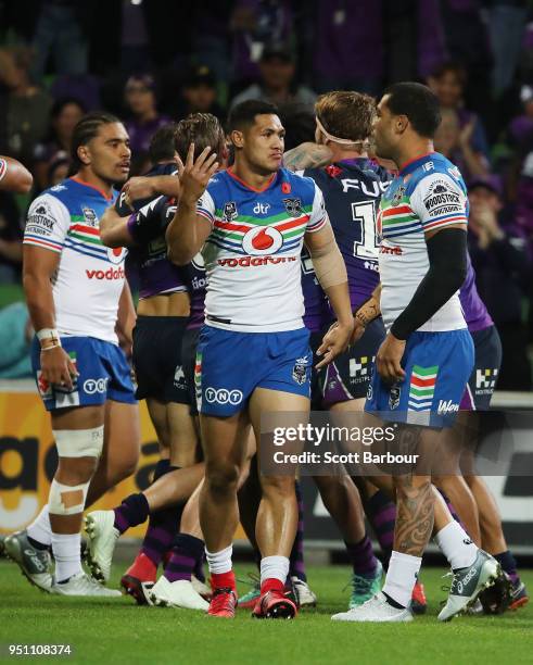 Roger Tuivasa-Sheck of the Warriors reacts after the Storm score a try during the round eight NRL match between the Melbourne Storm and New Zealand...