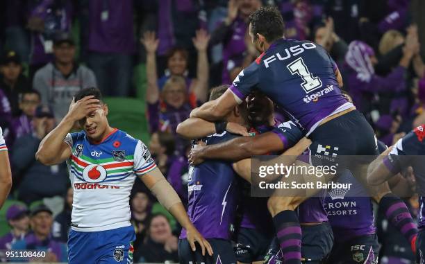 Roger Tuivasa-Sheck of the Warriors reacts after the Storm score a try during the round eight NRL match between the Melbourne Storm and New Zealand...