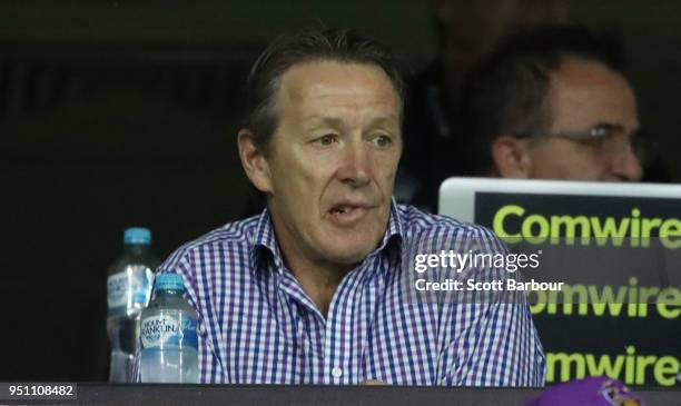 Craig Bellamy, coach of the Storm reacts in the coaches box during the round eight NRL match between the Melbourne Storm and New Zealand Warriors at...