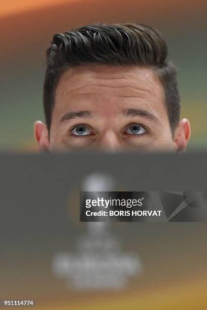 Marseille's French midfielder Florian Thauvin addresses a press conference at the Velodrome Stadium in Marseille on April 25, 2018 on the eve of the...