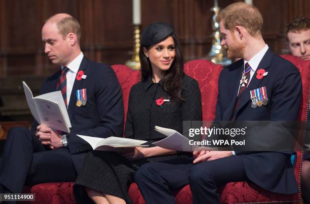 Prince William, Duke of Cambridge, Meghan Markle and Prince Harry attend an Anzac Day service at Westminster Abbey on April 25, 2018 in London,...