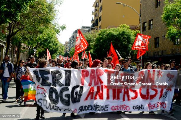 Partisans and young people marching to Porta San Paolo symbol of the liberation of Rome during the Demonstration for the 73rd anniversary of...