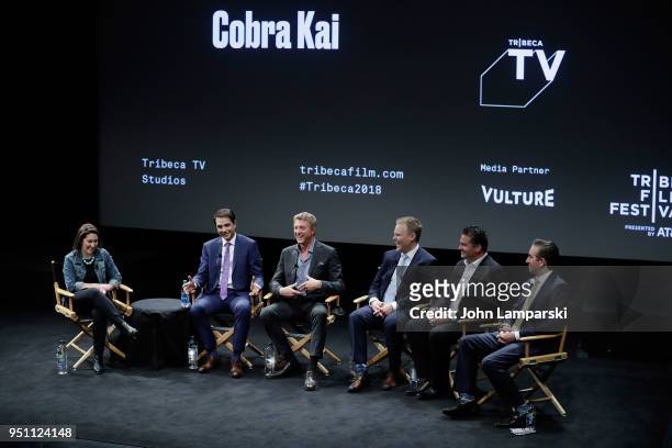 Ralph Macchio, William Zabka, Josh Heald, Jon Hurwitz, and Hayden Schlossberg speak onstage at the screening of "Cobra Kai" during the 2018 Tribeca...