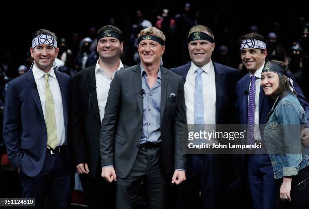 Hayden Schlossberg, Jon Hurwitz, William Zabka, Josh Heald and Ralph Macchio pose onstage at the screening of "Cobra Kai" during the 2018 Tribeca...