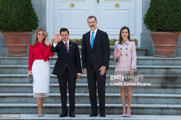 King Felipe VI of Spain and Queen Letizia of Spain receives President of Mexico Enrique Pena Nieto and his wife Angelica Rivera at the Zarzuela...