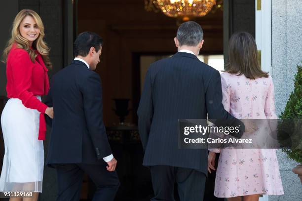 King Felipe VI of Spain and Queen Letizia of Spain receives President of Mexico Enrique Pena Nieto and his wife Angelica Rivera at the Zarzuela...