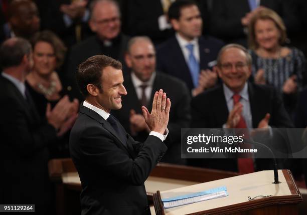 French President Emmanuel Macron addresses a joint meeting of the U.S. Congress at the U.S. Capitol April 25, 2018 in Washington, DC. Macron met...