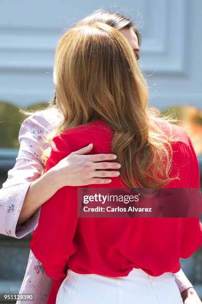 Queen Letizia of Spain receives President of Mexico Enrique Pena Nieto wife's Angelica Rivera at the Zarzuela Palace on April 25, 2018 in Madrid,...