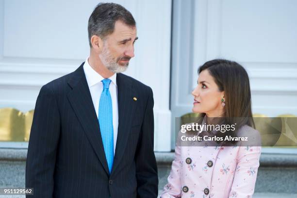 King Felipe VI of Spain and Queen Letizia of Spain receive President of Mexico Enrique Pena Nieto and his wife Angelica Rivera at the Zarzuela Palace...