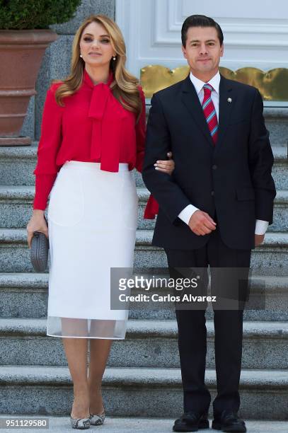 President of Mexico Enrique Pena Nieto and his wife Angelica Rivera arrive at the Zarzuela Palace on April 25, 2018 in Madrid, Spain.