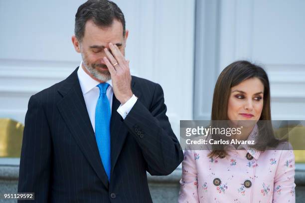 King Felipe VI of Spain and Queen Letizia of Spain receive President of Mexico Enrique Pena Nieto and his wife Angelica Rivera at the Zarzuela Palace...
