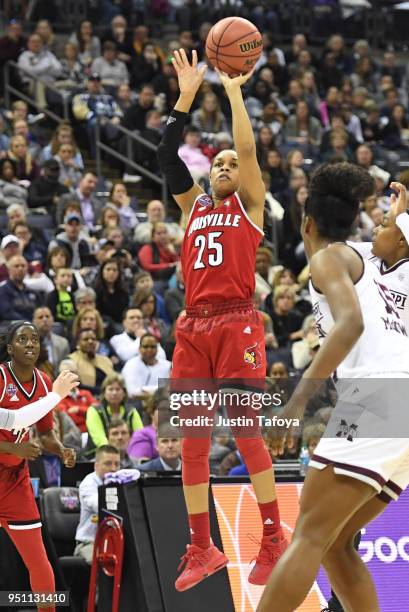 Asia Durr of the Louisville Cardinals shoots the ball against the Mississippi State Lady Bulldogs during the semifinal game of the 2018 NCAA Photos...