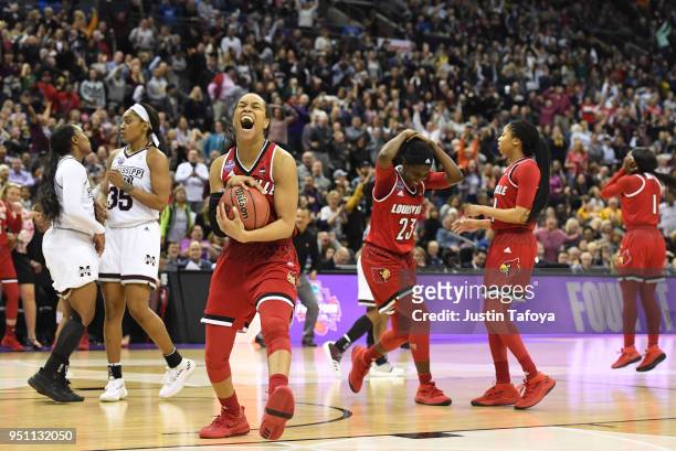 Asia Durr of the Louisville Cardinals reacts after a missed shot to win the semifinal game of the 2018 NCAA Photos via Getty Images Division I...