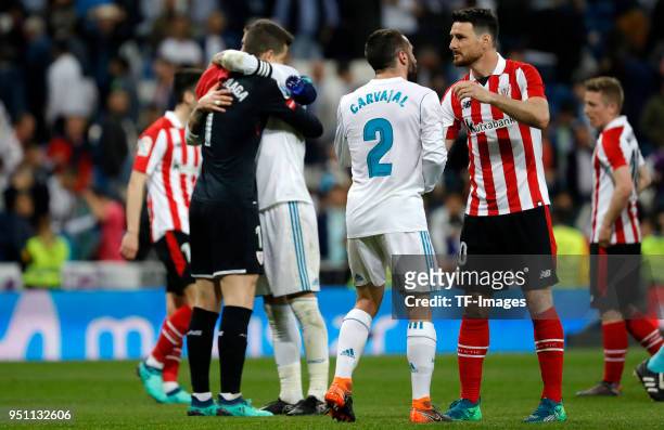 Daniel Carvajal of Real Madrid, Kepa of Athletic Club and Aduriz of Athletic Club gesture after the La Liga match between Real Madrid and Athletic...