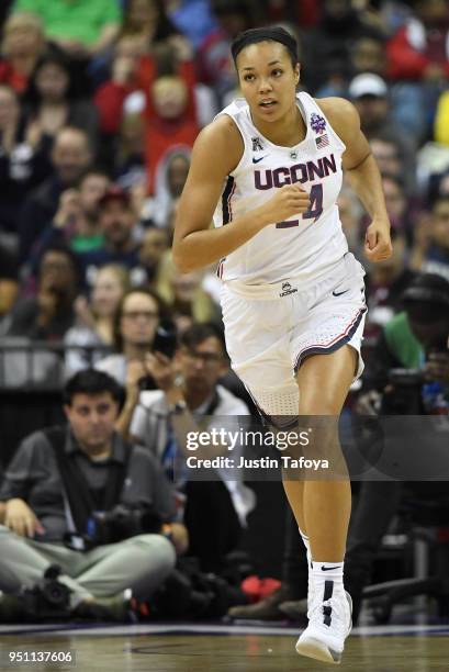 Napheesa Collier of the Connecticut Huskies runs up the court against the Notre Dame Fighting Irish during the semifinal game of the 2018 NCAA Photos...