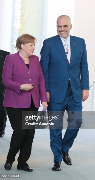 German Chancellor Angela Merkel and Albanian Prime Minister Edi Rama arrive for the joint press conference ahead of their meeting at the Chancellery...
