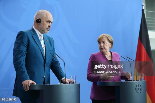 German Chancellor Angela Merkel makes a speech during the joint press conference with Albanian Prime Minister Edi Rama ahead of their meeting at the...