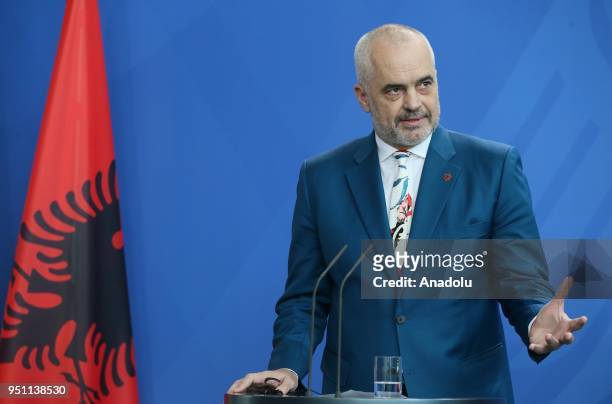 Albanian Prime Minister Edi Rama makes a speech during a joint press conference with German Chancellor Angela Merkel ahead of their meeting at the...