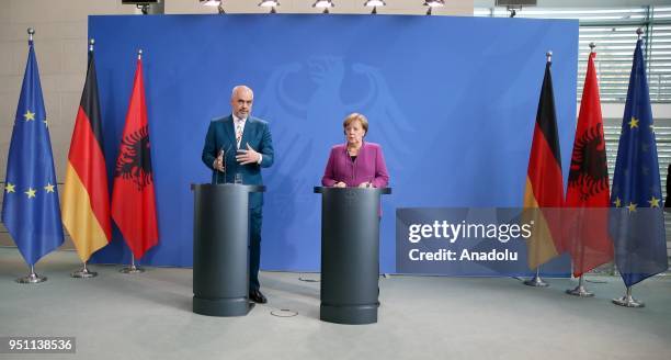 Albanian Prime Minister Edi Rama makes a speech during a joint press conference with German Chancellor Angela Merkel ahead of their meeting at the...