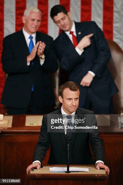 French President Emmanuel Macron addresses a joint meeting of the U.S. Congress in the House Chamber with U.S. Vice President Mike Pence and Speaker...