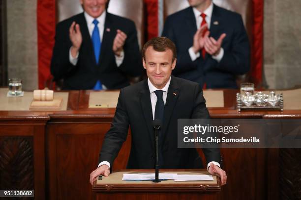 French President Emmanuel Macron addresses a joint meeting of the U.S. Congress in the House Chamber at the U.S. Capitol April 25, 2018 in...