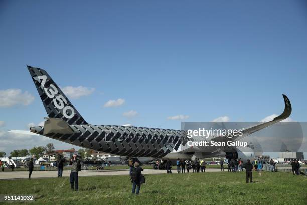 An Airbus A350-900 passenger plane taxis on the runway before flying at the ILA Berlin Air Show on April 25, 2018 in Schoenefeld, Germany. ILA Berlin...