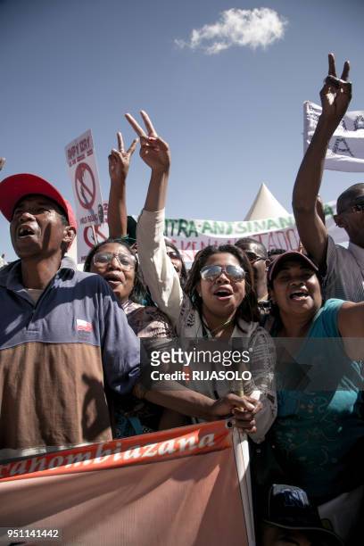 Supporters of Madagascar opposition demonstrate on a fifth straight day of anti-government protests on April 25, 2018 in Antananarivo, calling for...