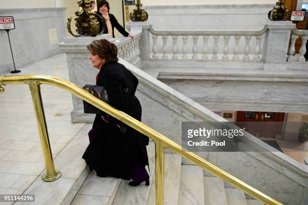 Attorney Gloria Allred arrives outside courtroom A for the Bill Cosby sexual assault trial at the Montgomery County Courthouse, on April 25 in...