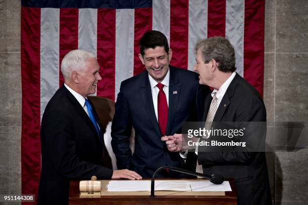 Senator John Kennedy, a Republican from Louisiana, right, talks to U.S. House Speaker Paul Ryan, a Republican from Wisconsin, center, and U.S. Vice...