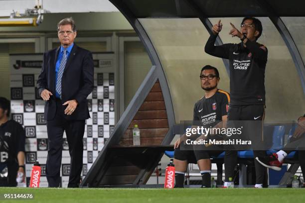 Oswaldo Oliveira and Tsuyoshi Otsuki of Urawa Red Diamonds look on during the J.League J1 match between Kashiwa Reysol and Urawa Red Diamonds at...