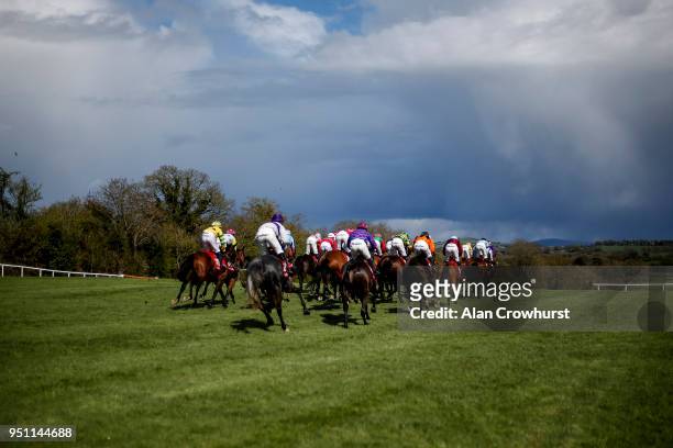 General view as runners race down the side of the track at Punchestown racecourse on April 24, 2018 in Naas, Ireland.