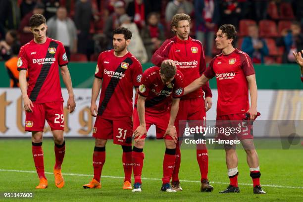 Kai Havertz of Leverkusen, Kevin Volland of Leverkusen, Lars Bender of Leverkusen, Stefan Kiessling of Leverkusen and Julian Baumgartlinger of...