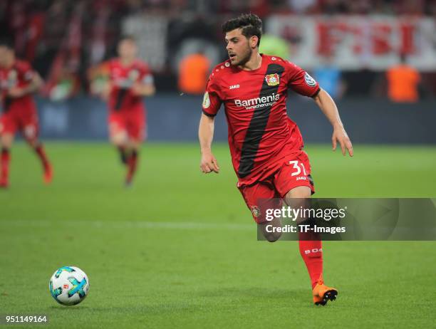 Kevin Volland of Leverkusen controls the ball during the DFB Cup semi final match between Bayer 04 Leverkusen and Bayern Munchen at BayArena on April...