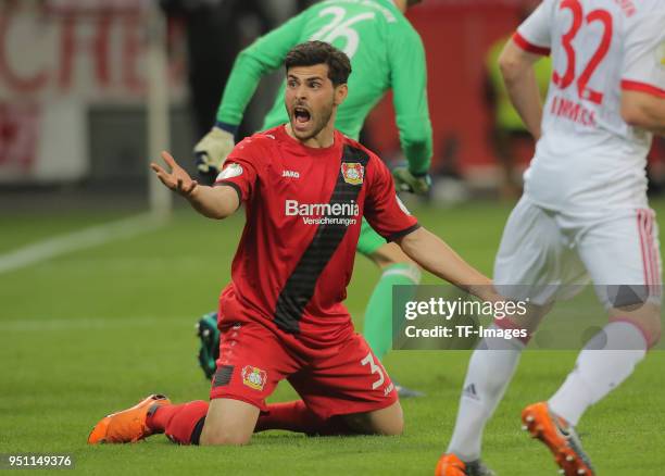 Kevin Volland of Leverkusen reacts during the DFB Cup semi final match between Bayer 04 Leverkusen and Bayern Munchen at BayArena on April 17, 2018...