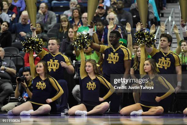 The Notre Dame Fighting Irish cheerleaders during the semifinal game of the 2018 NCAA Photos via Getty Images Division I Women's Basketball Final...