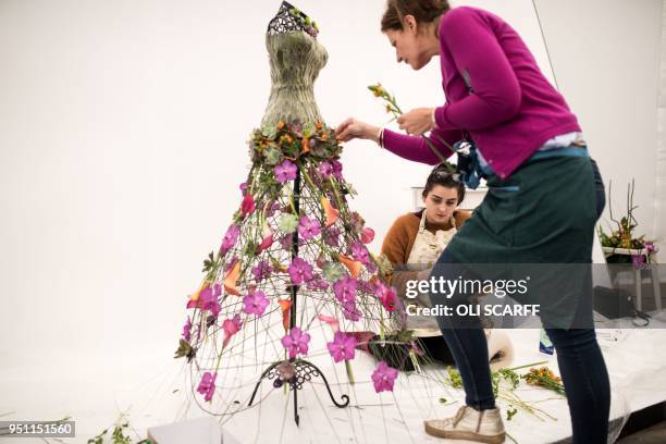 Students from Shipley College create a floral arrangement on the eve of the opening day of the Harrogate Spring Flower Show at the Great Yorkshire...