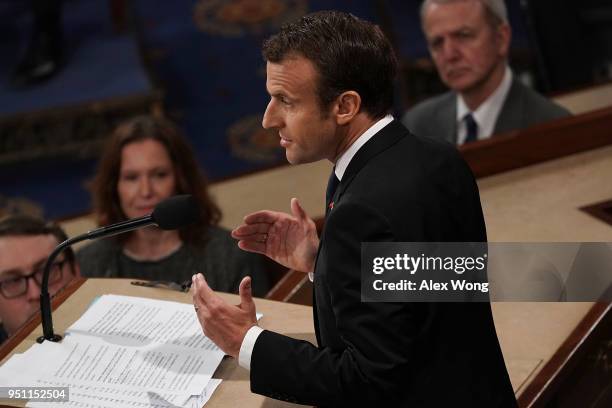 French President Emmanuel Macron delivers an address to a joint meeting of U.S. Congress April 25, 2018 at the U.S. Capitol in Washington, DC. Macron...