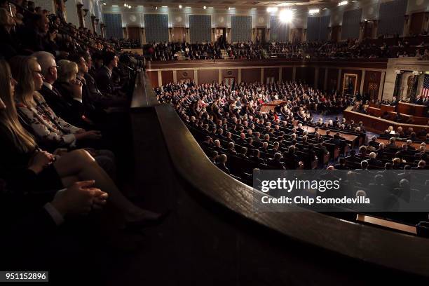 French President Emmanuel Macron addresses a joint meeting of the U.S. Congress in the House Chamber at the U.S. Capitol April 25, 2018 in...