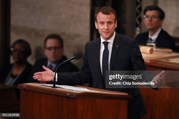 French President Emmanuel Macron addresses a joint meeting of the U.S. Congress in the House Chamber at the U.S. Capitol April 25, 2018 in...